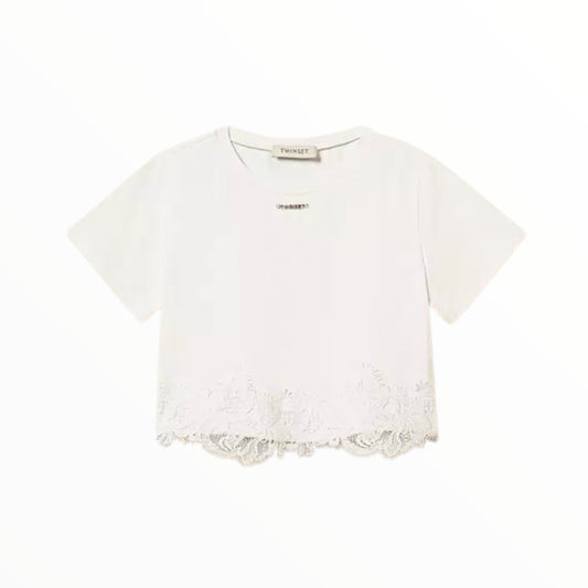 T-Shirt con pizzo e logo Twinset